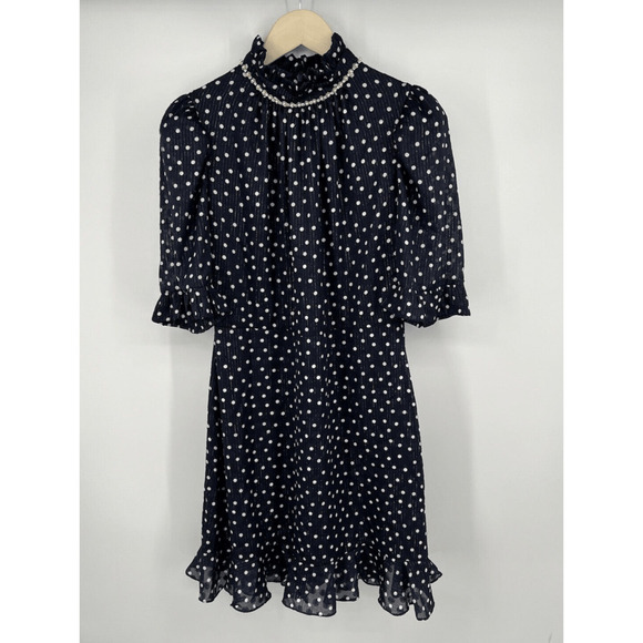 SANDRO Paris Blue Polka Dot Dress SIze 10 FR 42 Short Sleeve Sheer Lined Elegant - Picture 1 of 6